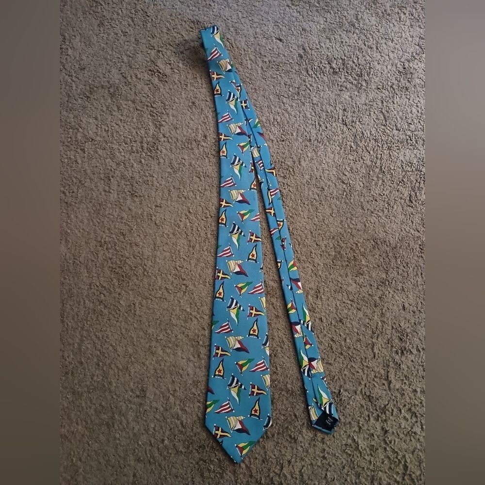 Polo By Ralph Lauren Blue Silk Burgee Flags Nautical Tie Made In USA PRE-OWNED